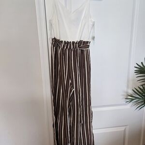 Stylish White and Brown Striped Jumpsuit